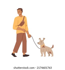 Hombre sonriente caminando con un perro corredizo, aislado personaje plano de caricatura. Hombre vector con cachorro aterrador, mascota y dueño camina juntos, perro feliz y hombre en blanco