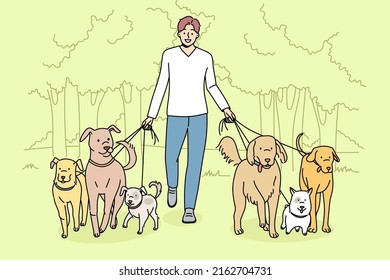 Smiling man walking dogs on leashes in park. Happy male walker provide professional pet walk service. Domestic animals care concept. Flat vector illustration. 