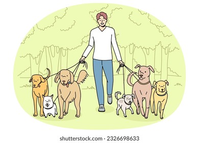 Smiling man walking dogs on leashes in park. Happy male walker provide professional pet walk service. Domestic animals care concept. Flat vector illustration.