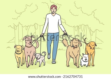 Smiling man walking dogs on leashes in park. Happy male walker provide professional pet walk service. Domestic animals care concept. Flat vector illustration. 