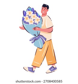 Hombre sonriente que camina con un ramo azul Grande de la flor, persona alegre en la ropa casual y pose dinámica en estilo moderno de la historieta. Ilustración vectorial de celebración, saludo cálido y momento festivo.
