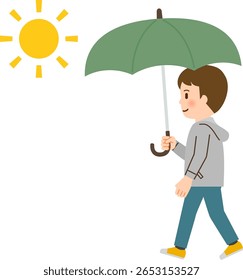 Smiling man walking with a parasol on a sunny day
