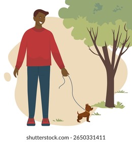 Homem sorridente passeando com um cachorro pequeno em uma coleira em um ambiente de parque. A ilustração vetorial captura um momento pacífico ao ar livre, destacando a alegria de passar tempo com animais de estimação na natureza.
