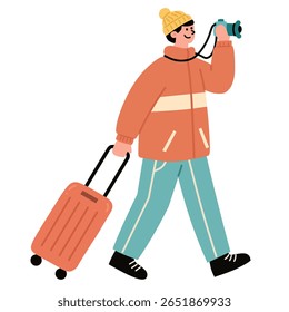 A smiling man walking with suitcase and taking photos with a camera. Perfect for travel blogs, tourism content, vacation apps, or trip promotion visuals.