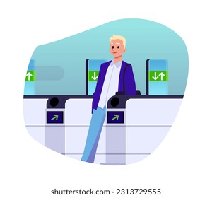 Smiling man walking through turnstile in subway or metro, flat vector illustration isolated on white background. Concepts of public transport.