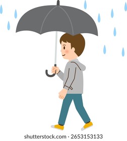 Homem sorridente andando com um guarda-chuva na chuva