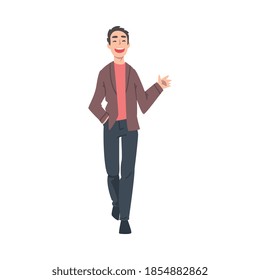 Smiling Man Walking and Waving his Hand Cartoon Style Vector Illustration