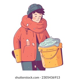 Smiling man in warm clothing shovel snow over white