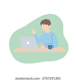 Lächelnder Mann winkende Hand während Videoanruf auf Laptop, Online-Kommunikation und Remote Meeting Flat Illustration
