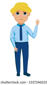 Smiling man waving hand, full length, office. Business people characters, vector illustration, isolated on white background, colorful modern cartoon style, flat 
