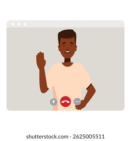 Smiling man is waving hello during a video call