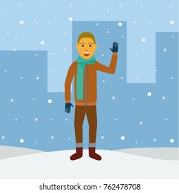 Smiling man waving his hand. Winter flat illustration.