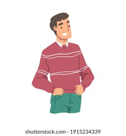 Smiling Man Wearing Casual Clothes Standing with Hands in His Pockets Flat Style Vector Illustration