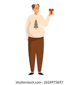 Smiling man wearing christmas sweater holding a present