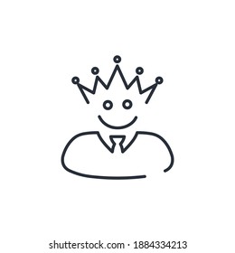 Hombre sonriente con una corona. Satisfacción y excelencia. Icono lineal vectorial aislado en fondo blanco.