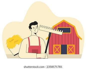 Smiling man, wearing farmer clothes holding a big fork with a pile of hay in a field and farm. Character design. Vector flat illustration
