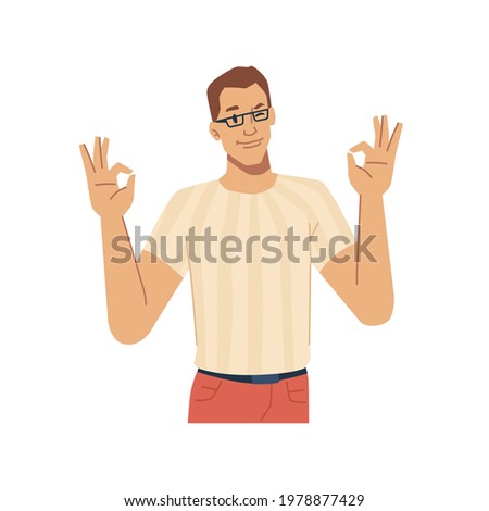 Smiling man wearing glasses showing okay sign, isolated male character gesturing and approving. Satisfied personage, expression of emotions and attitude. Student vector in flat cartoon style