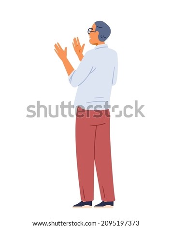 Smiling man wearing glasses standing back applauding flat vector isolated illustration.