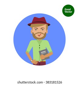 Smiling man wearing hat and holding book