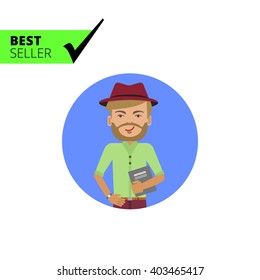 Smiling man wearing hat and holding book