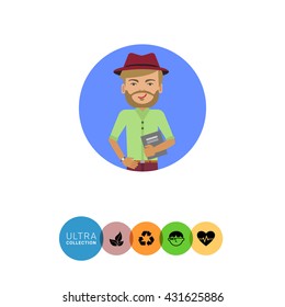 Smiling man wearing hat and holding book