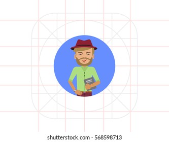 Smiling man wearing hat and holding book