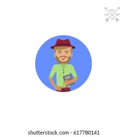 Smiling man wearing hat and holding book