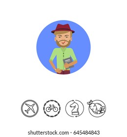 Smiling man wearing hat and holding book