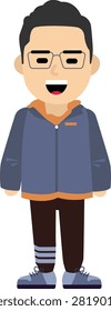Smiling man wearing a hooded jacket with glasses in modern flat vector cartoon style. Perfect for avatars, websites, mobile apps, social media, business presentations, educational content, branding, and creative character illustration projects.