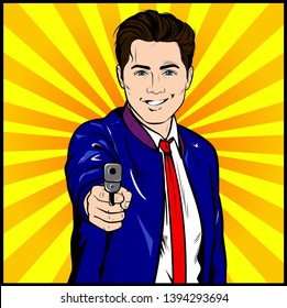 Smiling Man wearing leather jacket, pointing gun at camera. Vector, Retro Comic book cartoon, Pop Art  vintage Illustration.