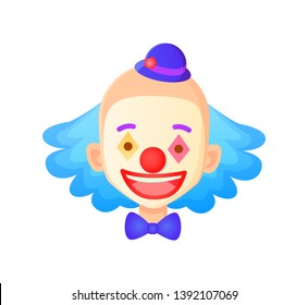 Smiling man wearing makeup vector, clown with hat and blue hair isolated face of person, performer in circus, character with smile, smiling male flat style