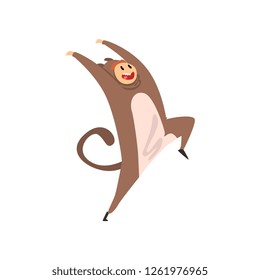 Smiling man wearing monkey costume, person in jumpsuit or kigurumi having fun vector Illustration on a white background