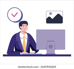 Smiling man wearing a navy suit and gold tie working at a computer with icons in a flat illustration style against a white background, ideal for business and technology concepts.