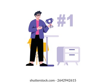 Smiling man wearing a purple jacket is holding a blue trophy while standing beside furniture and number one, in a bright and cheerful cartoon style perfect for celebration and success themed visuals.