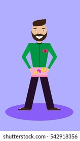 Smiling man wearing a suit with a gift. Gift is a key of his heart. Vector illustration of a flat design