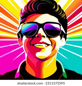 Smiling man wearing sunglasses with rainbow background.