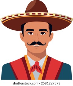  smiling man wearing a traditional Mexican sombrero and charro outfit. His mustache and elegant attire reflect a classic cultural heritage