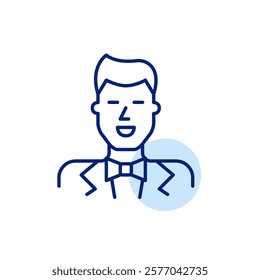 Smiling man wearing tuxedo and bow tie. Groom dressed for wedding or special social event attendance. Pixel perfect, editable stroke icon