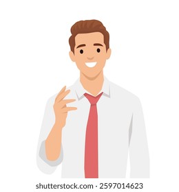 Smiling man in a white shirt and red tie gestures while speaking, confidence and friendliness. Flat vector illustration isolated on white background