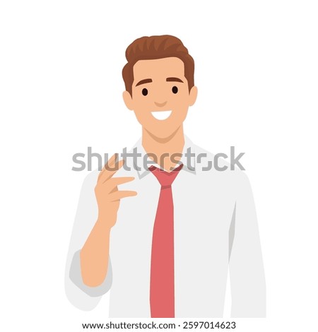 Smiling man in a white shirt and red tie gestures while speaking, confidence and friendliness. Flat vector illustration isolated on white background
