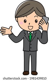 A smiling man who makes a phone call with a smile on his smartphone