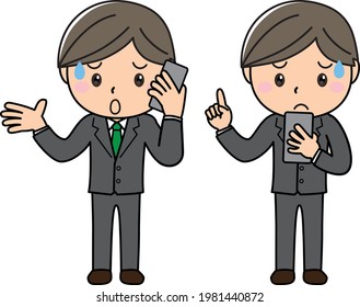 A smiling man who operates a smartphone with a troubled face and makes a phone call