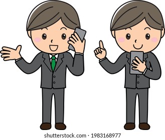A smiling man who operates a smartphone with a smile and makes a phone call
