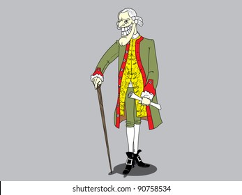 Smiling man in a wig and with a walking stick