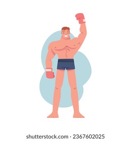 Smiling Man Winner Standing in Boxing Gloves with Raised Up Hand Vector Illustration