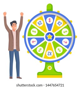 Smiling man winning jackpot in roulette machine. Happy player character standing near fortune wheel, business success in casino equipment, prize vector