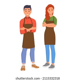 Smiling man and woman in an aprons. Vector illustration isolated on white background