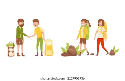 Smiling Man and Woman with Backpack Hiking or Trekking Vector Set