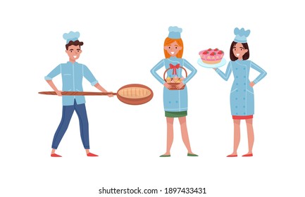 Smiling Man and Woman Baking Bread and Making Confections Vector Illustration Set