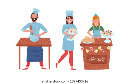 Smiling Man and Woman Baking Bread and Making Confections Vector Illustration Set